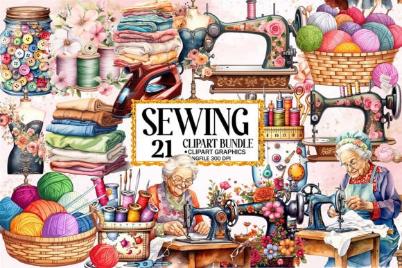 Download Watercolor Vintage Sewing Clipart Bundle - Premium Bundle