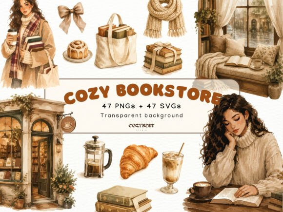 Download Cozy Bookstore Cliparts, Watercolor PNG - Png Collection
