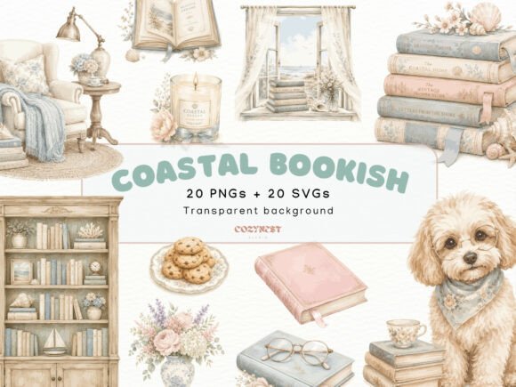 Download Coastal Bookish Watercolor Cliparts PNG - Png Collection